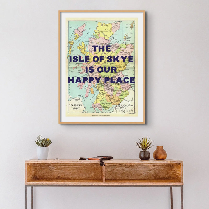 Coastal wall art featuring a personalised vintage map print of Scotland with navy font - Framed wall art