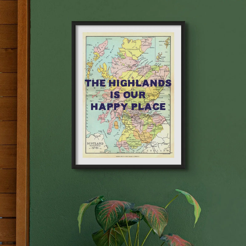 Coastal wall art featuring a personalised vintage map print of Scotland with navy font - Framed wall art