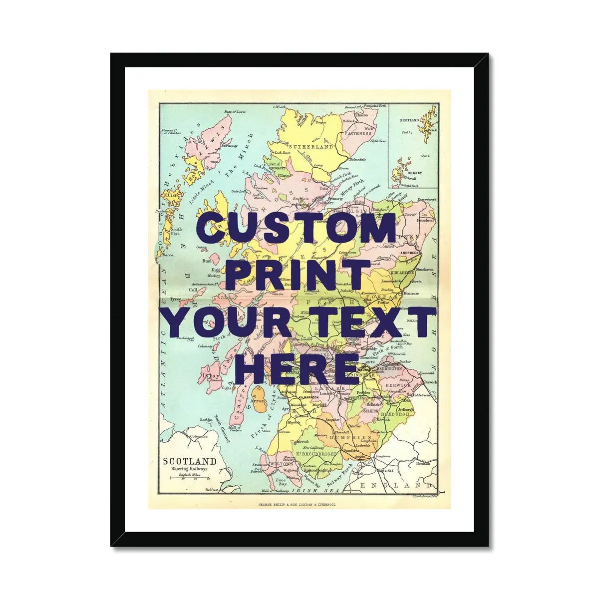Coastal wall art featuring a personalised vintage map print of Scotland with navy font - Framed wall art