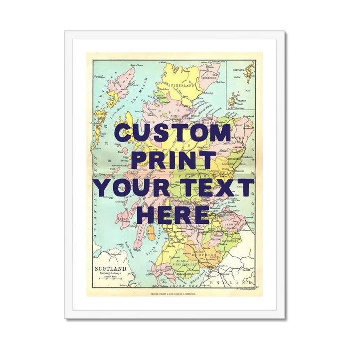Coastal wall art featuring a personalised vintage map print of Scotland with navy font - Framed wall art