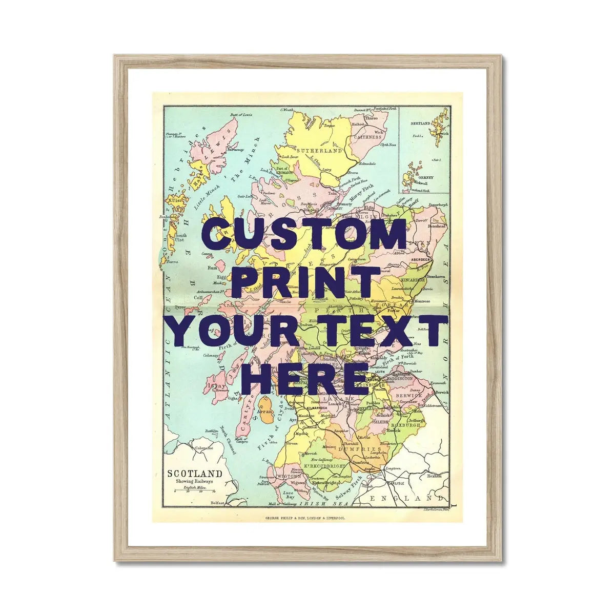 Coastal wall art featuring a personalised vintage map print of Scotland with navy font - Framed wall art