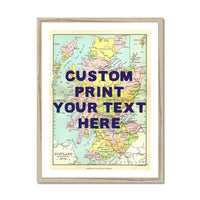 Coastal wall art featuring a personalised vintage map print of Scotland with navy font - Framed wall art