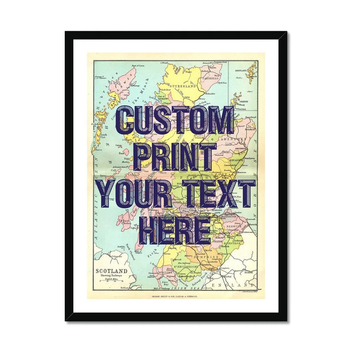 Framed personalised vintage map art print of Scotland with navy font - wall art