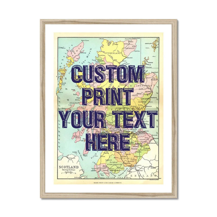 Framed personalised vintage map art print of Scotland with navy font - wall art