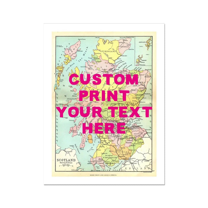 unframed personalised vintage map art print of Scotland with navy font - unframed wall art