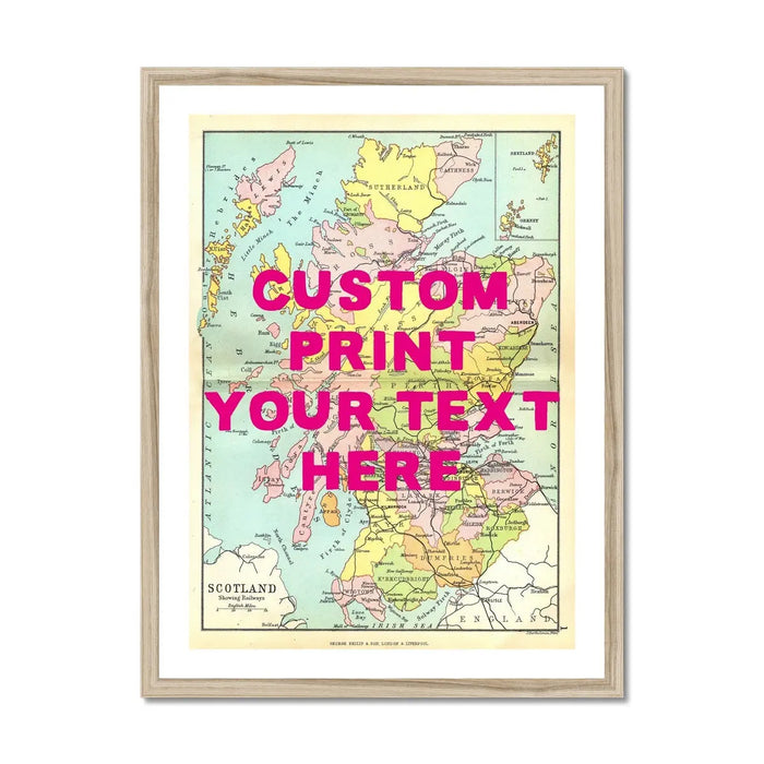 Framed personalised vintage map art print of Scotland with pink font - framed wall art