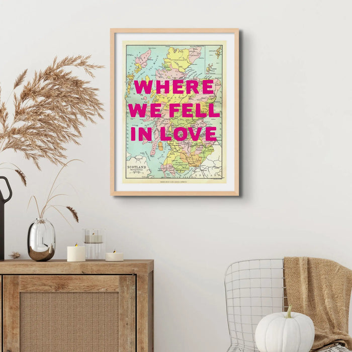 Framed personalised vintage map art print of Scotland with pink font - framed wall art