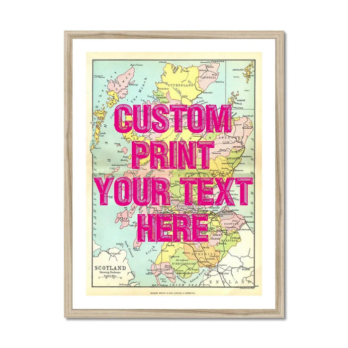 Framed personalised vintage map art print of Scotland with pink font - framed wall art