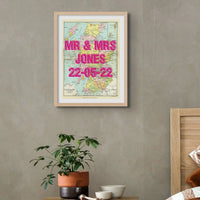 Framed personalised vintage map art print of Scotland with pink font - framed wall art