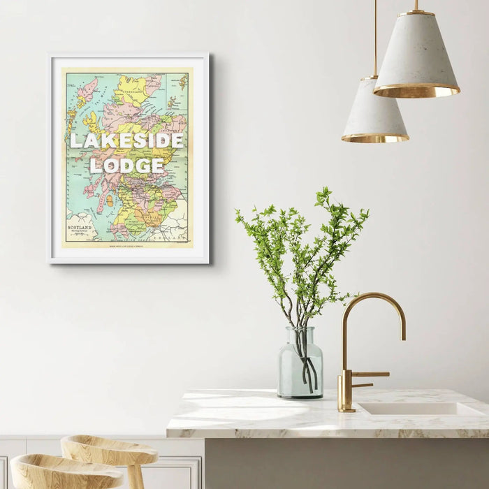 Framed personalised vintage map art print of Scotland with white font - framed wall art