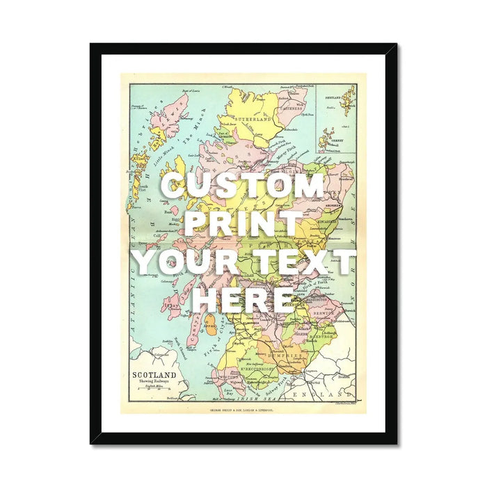 Framed personalised vintage map art print of Scotland with white font - framed wall art