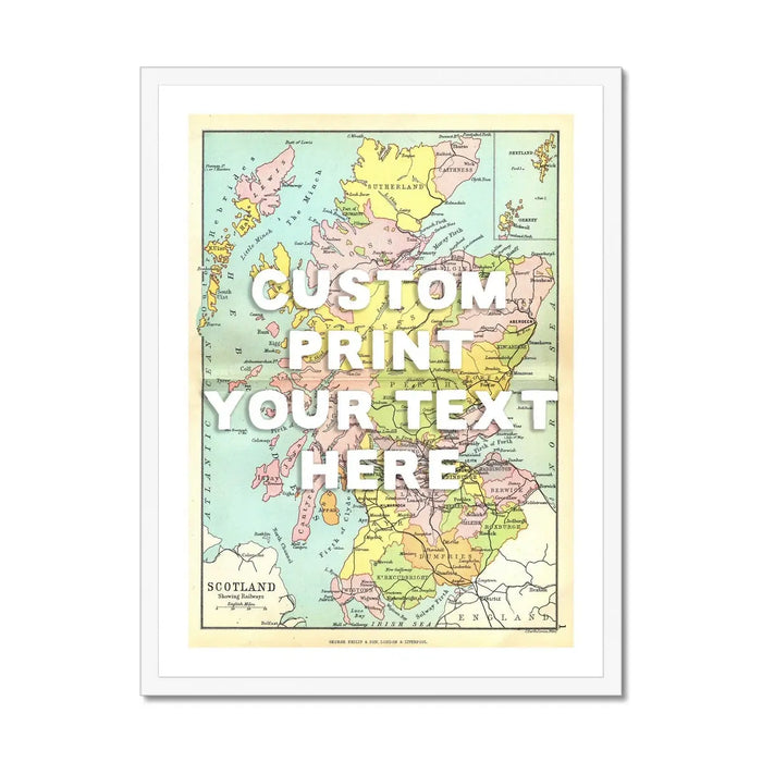 Framed personalised vintage map art print of Scotland with white font - framed wall art