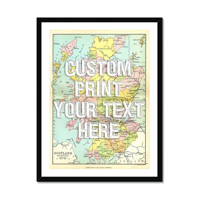 Framed personalised vintage map art print of Scotland with white font - framed wall art