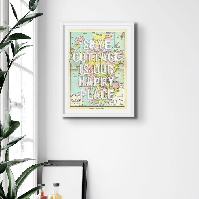 Framed personalised vintage map art print of Scotland with white font - framed wall art
