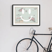 Black framed artwork of Smile (Old Channel Islands Map) Map Art - Unframed - Beach House Art