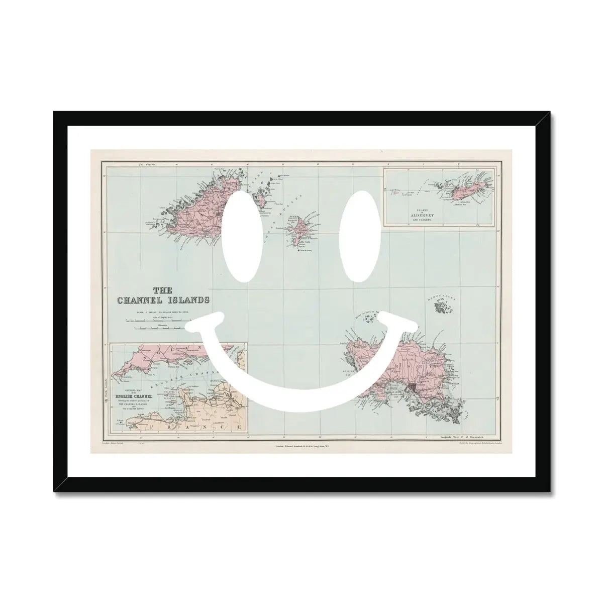 Smile (Old Channel Islands Map) Map Art - Framed - Beach House Art