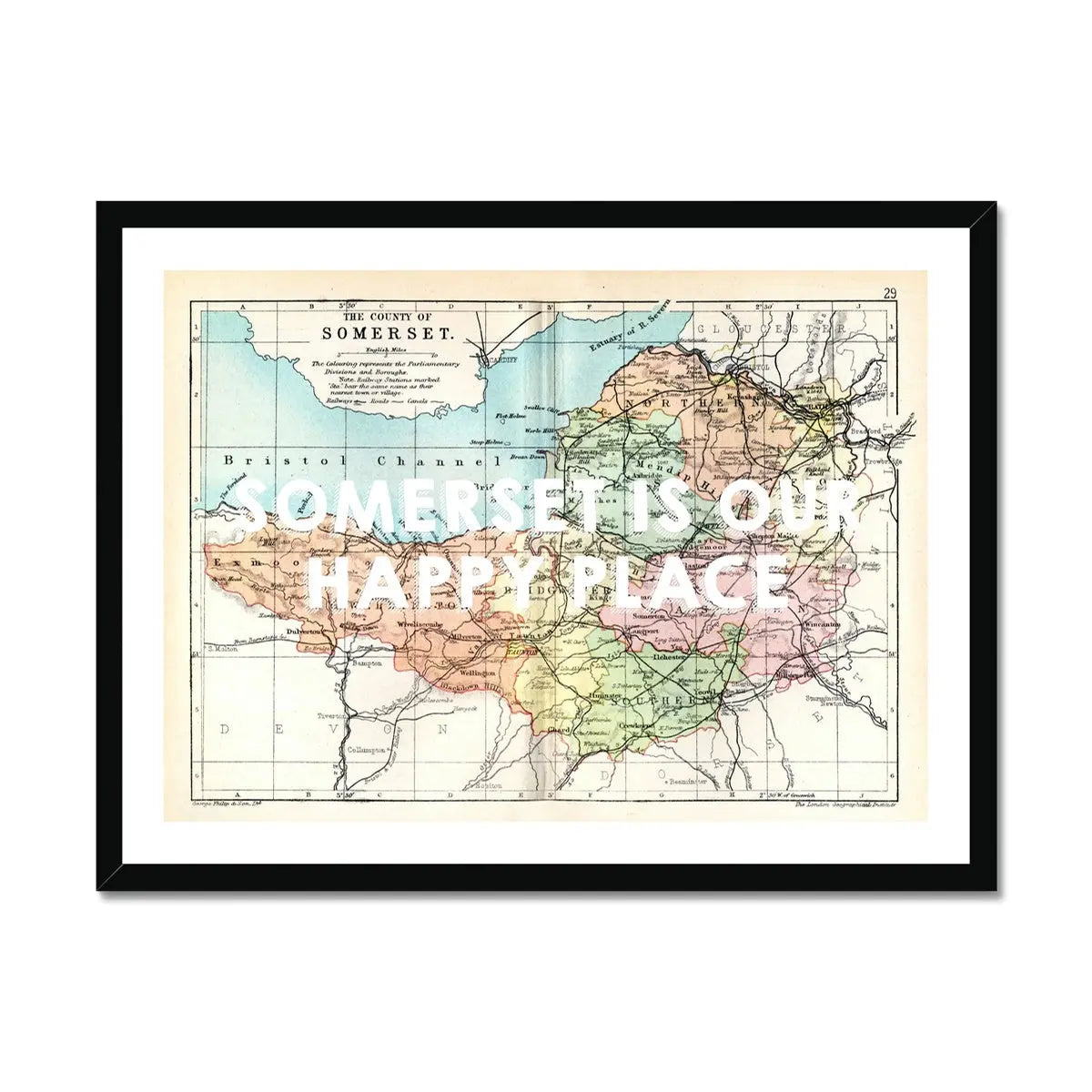 Somerset is our Happy Place (Somerset Map) Vintage Map Art - Framed - Beach House Art