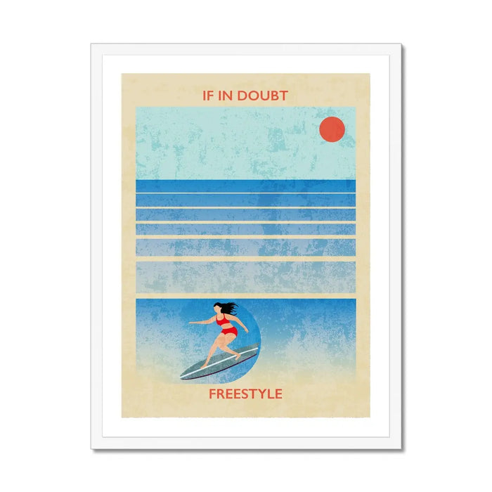 Splash Freestyle (Contemporary Wall Art) retro print of a surfer girl catching a wave - Framed - Beach House Art