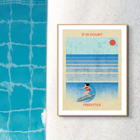Splash Freestyle (Contemporary Wall Art) retro print of a surfer girl catching a wave - Framed - Beach House Art
