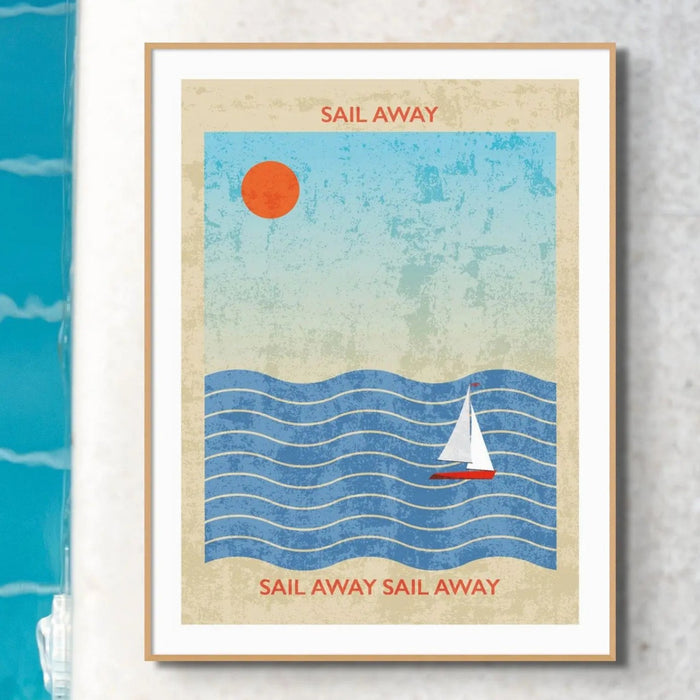 Splash Sail Away (Contemporary Wall Art) a sailing boat on the sea with the sun in the sky - Framed - Beach House Art