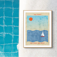 Splash Sail Away (Contemporary Wall Art) a sailing boat on the sea with the sun in the sky - Framed - Beach House Art