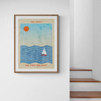 Splash Sail Away (Contemporary Wall Art) a sailing boat on the sea with the sun in the sky - Framed - Beach House Art