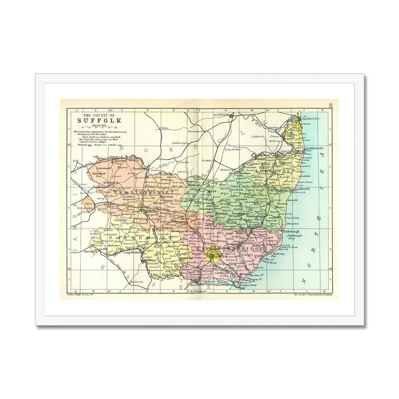 Vintage Map Print of Suffolk | Old and Colourful Suffolk Map Print - Framed Wall Art