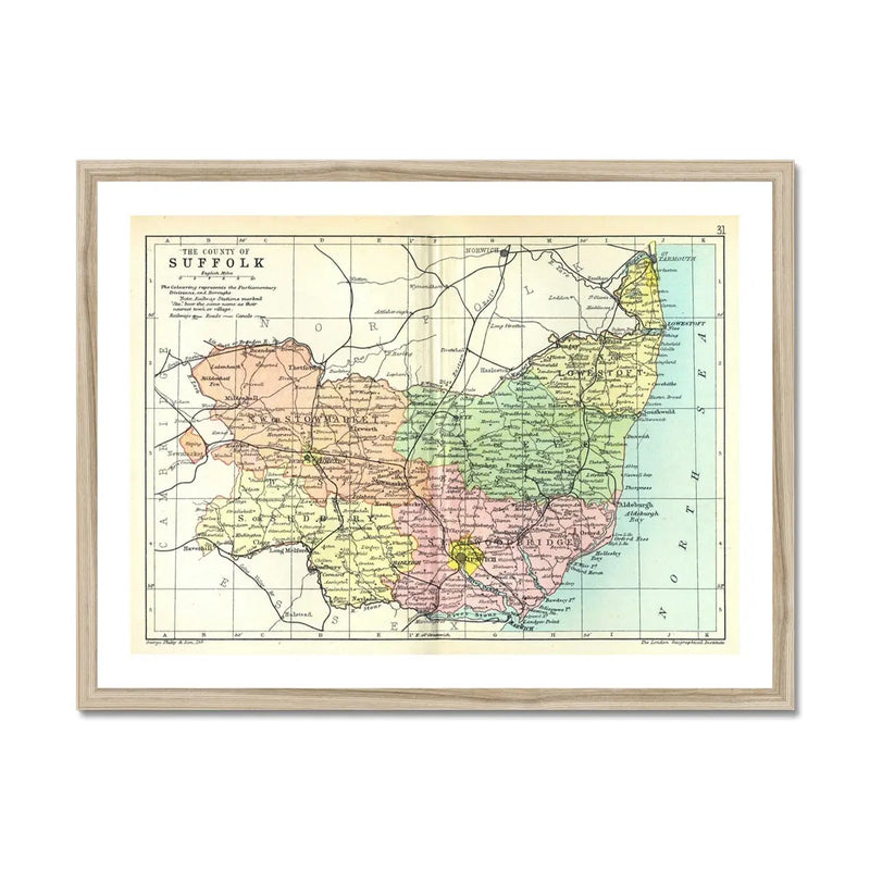 Vintage Map Print of Suffolk | Old and Colourful Suffolk Map Print - Framed Wall Art