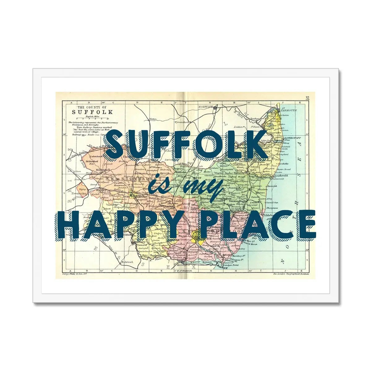 Suffolk is my Happy Place Art Print | Map Print of Suffolk | Vintage Map Art - Framed Wall Art