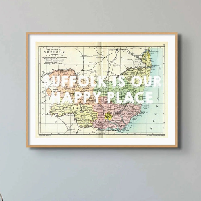 Suffolk is our Happy Place (Suffolk Map) Vintage Map Art - Framed - Beach House Art