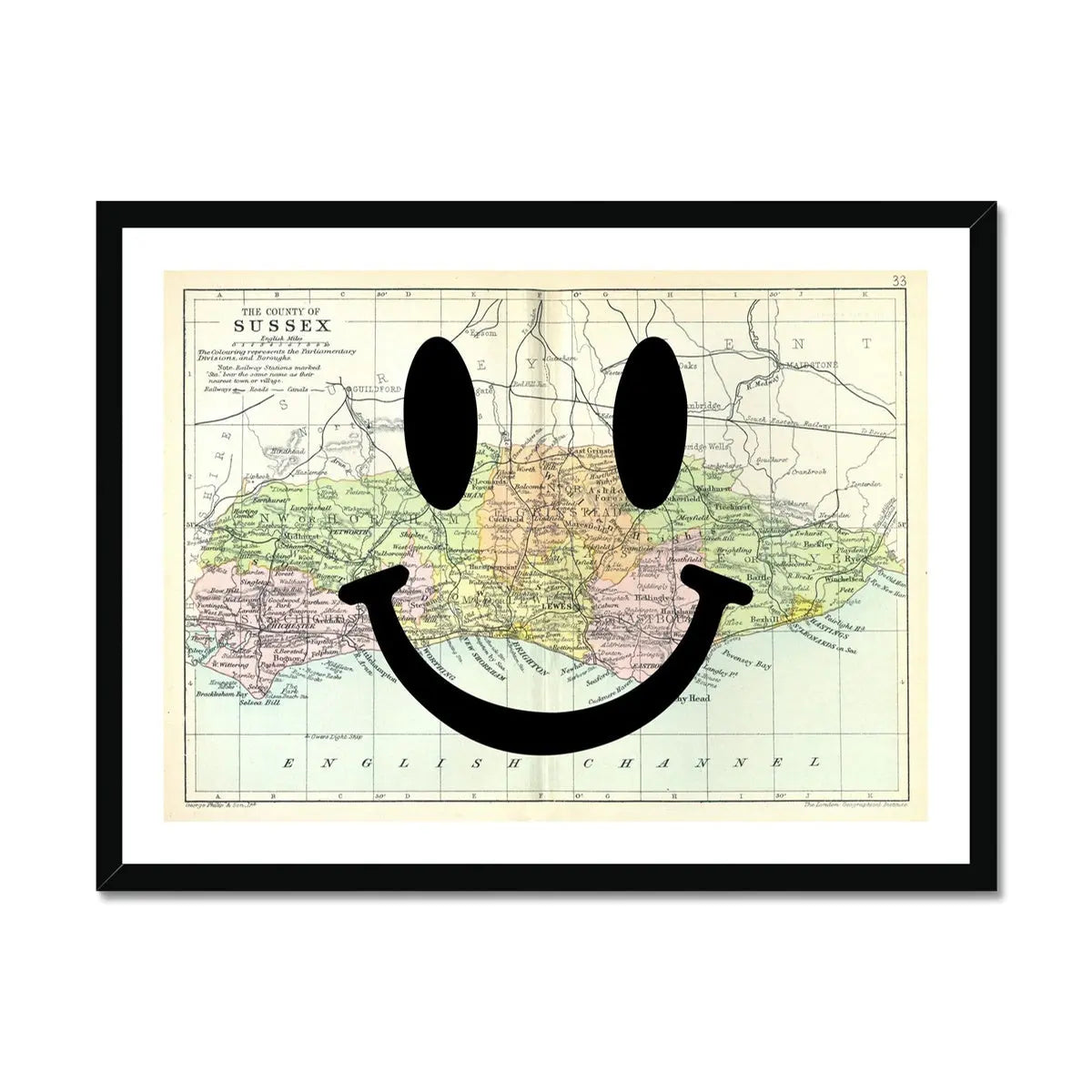 Sussex Makes Me Happy (Sussex Map) Vintage Map Art - Framed Beach House Art
