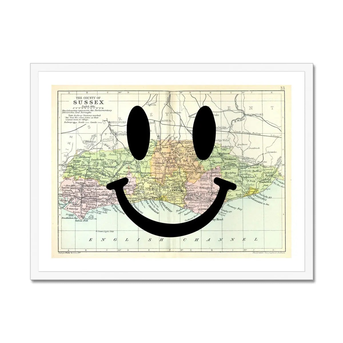 Sussex Makes Me Happy (Sussex Map) Vintage Map Art - Framed Beach House Art