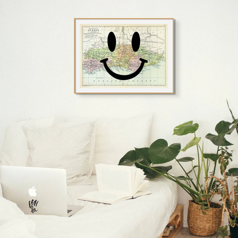 Sussex Makes Me Happy (Sussex Map) Vintage Map Art - Framed Beach House Art