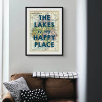 The Lakes are my Happy Place (Lake District Map) Vintage Map Art - Framed - Beach House Art