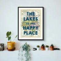 The Lakes is my Happy Place (Lake District Map) Vintage Map Art - Framed - Beach House Art