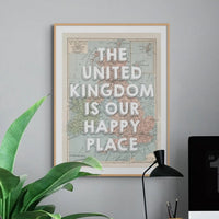 The United Kingdom is our Happy Place | Vintage UK Map - Framed | Beach House Art