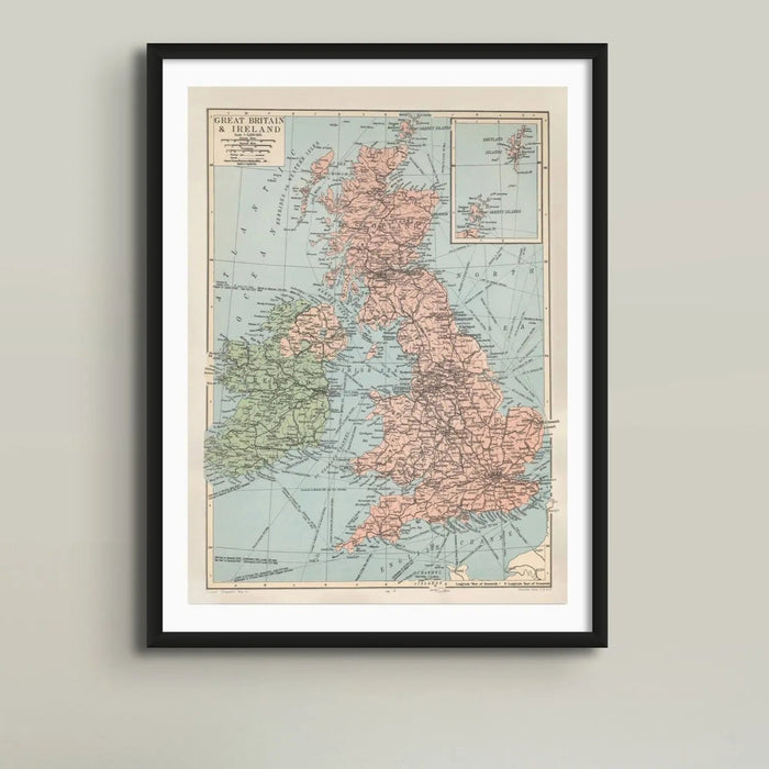 Vintage UK Map United Kingdom Map | Vintage UK Map - Framed Beach House Art