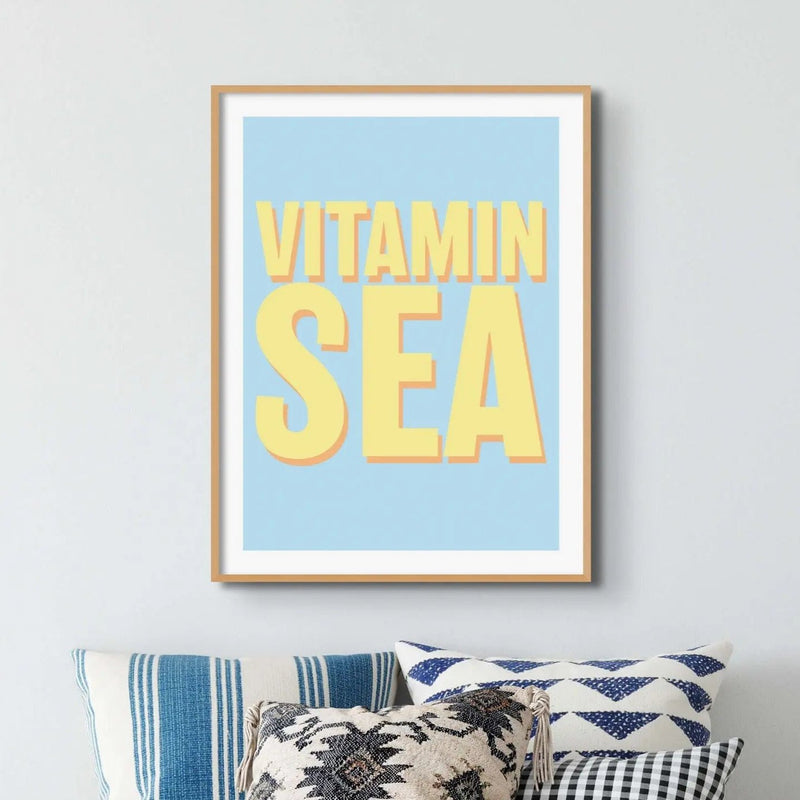 Framed word art print of 'Vitamin Sea' in blue colour - coastal wall art
