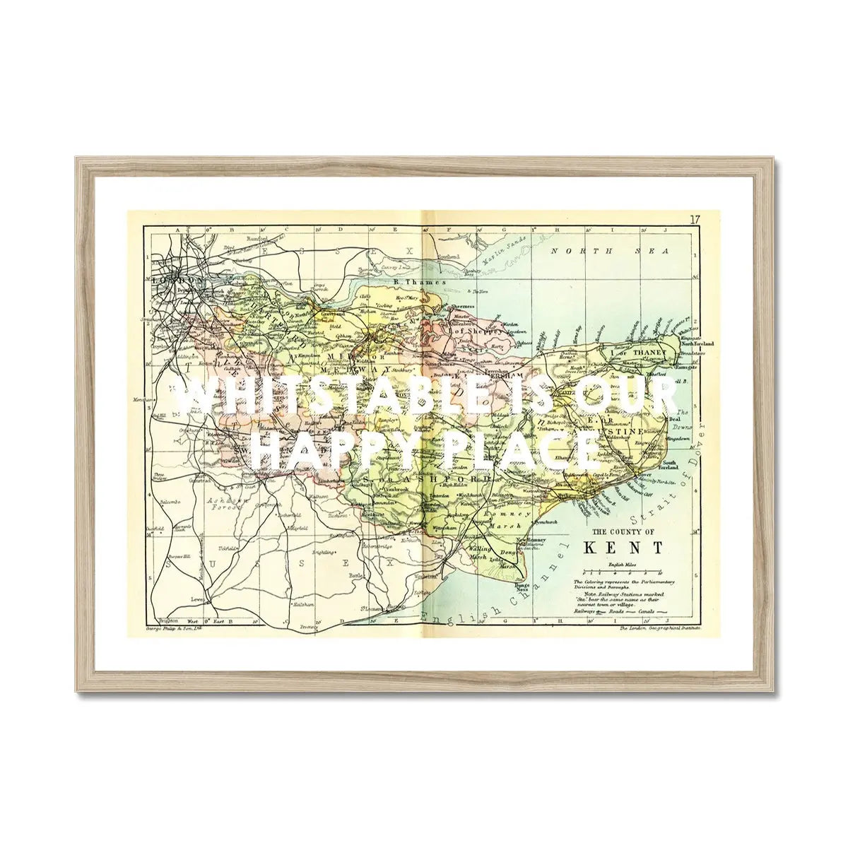 Whitstable is our Happy Place (Kent Map) Vintage Map Art - Framed - Beach House Art