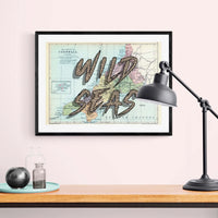 Wild Seas Art Print | Cornwall Map Print with Typography | Vintage Map Art - Framed Wall Art