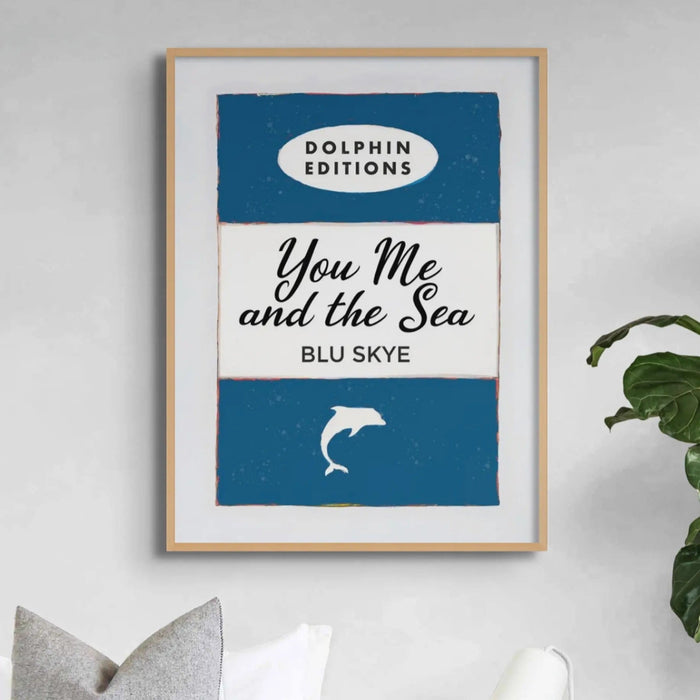 Vintage book cover art print titled "You, Me & the Sea" in navy colour. It comes framed - Beach House Art