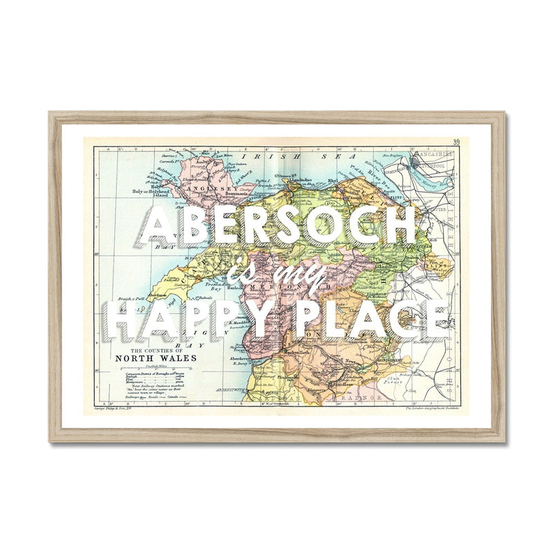 Abersoch is my Happy Place Quote on Vintage North Wales Map Print - Framed