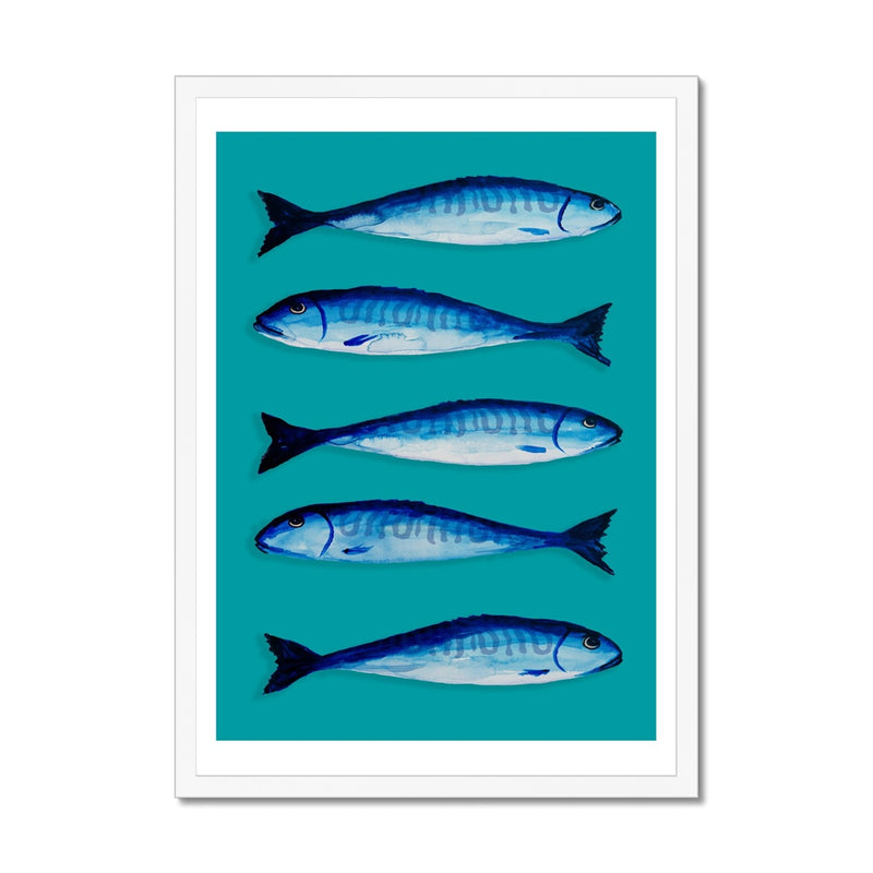 Mackerel Art Print | Kitchen Fish Wall Art | Mackerel Fish Painting on Green Background - Framed