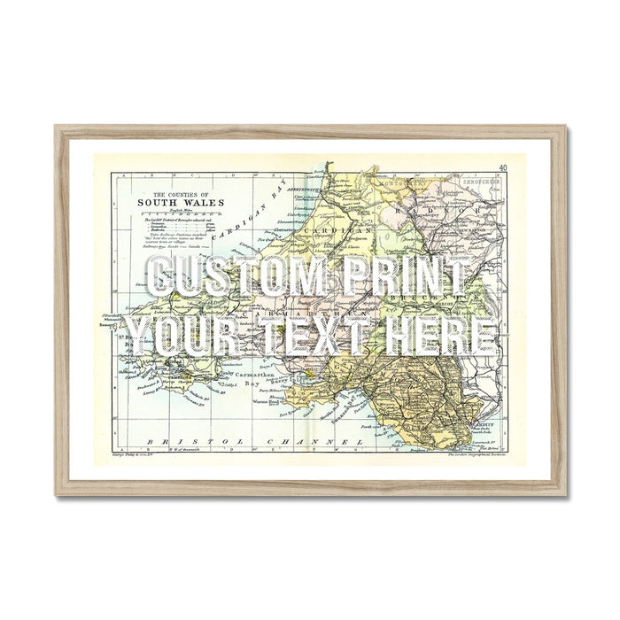 Framed vintage map print of South Wales with a placeholder for custom text.