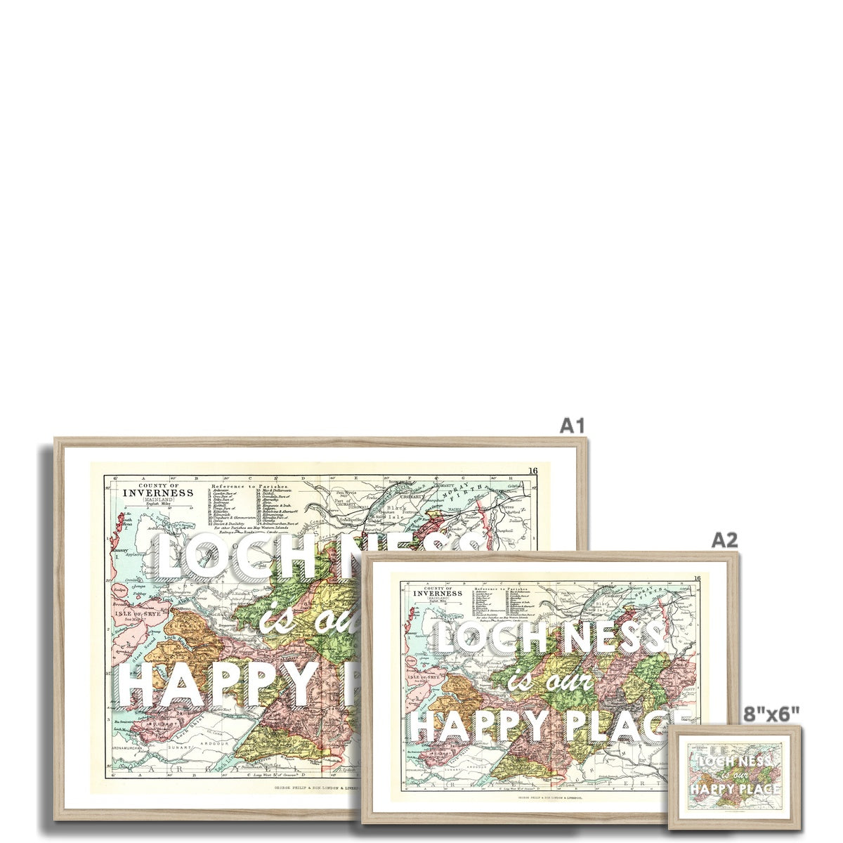 Loch Ness is our happy place quote on Loch Ness Vintage Map Print | White - Framed