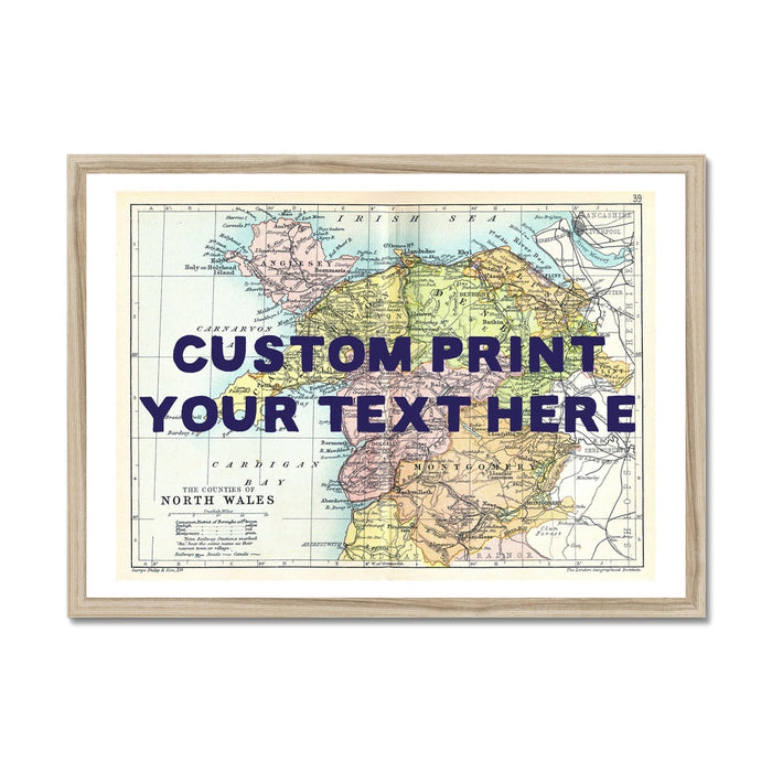 Framed vintage map print of North Wales with a placeholder for custom text.