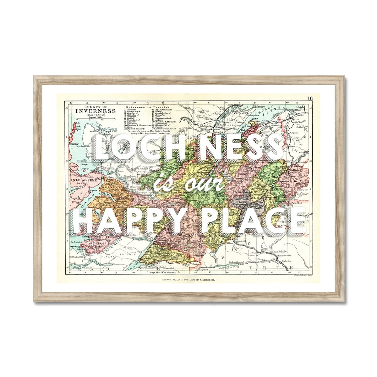 Loch Ness is our happy place quote on Loch Ness Vintage Map Print | White - Framed